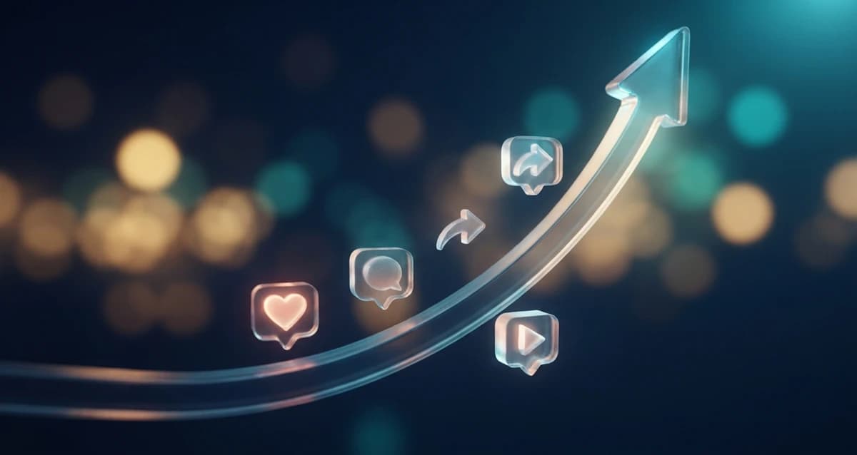 Glass arrow curving upward surrounded by floating like, comment, share, and play icons, representing the Instagram algorithm and follower count