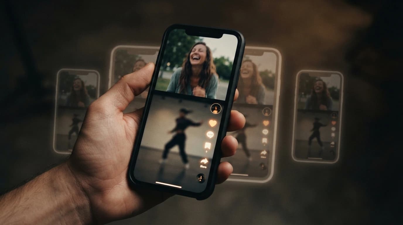 Hand holding a phone showing a TikTok-style video feed with engagement icons, with ghosted duplicate phones fading into the background, representing the same video being tested across different audiences