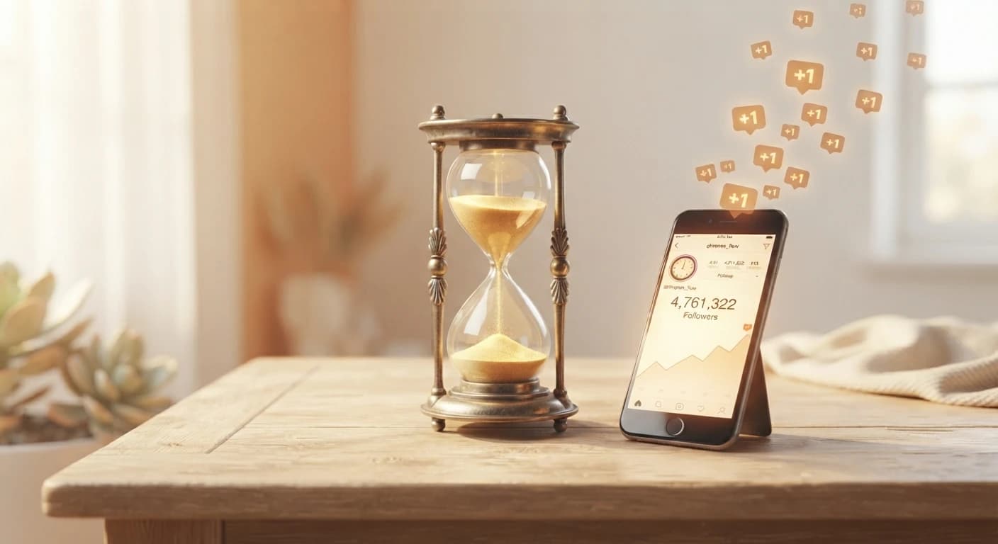 Hourglass with sand falling next to a phone showing a rising follower count, symbolizing Instagram follower delivery time