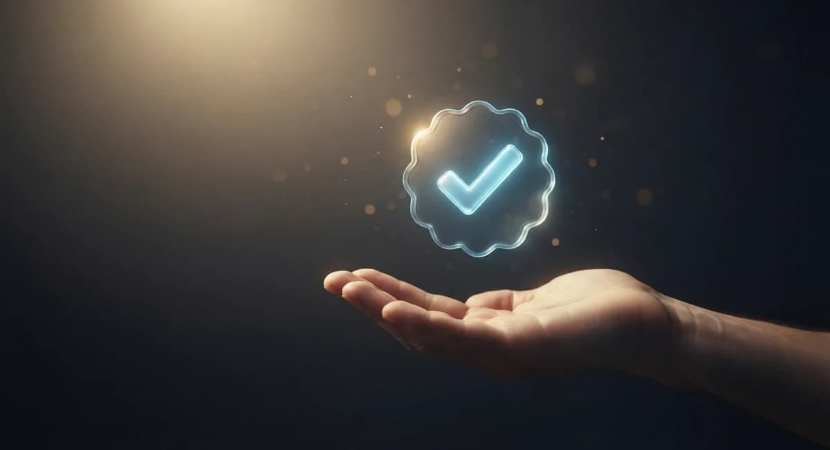 Glowing verified checkmark badge floating above an open hand, symbolizing Instagram follower verification