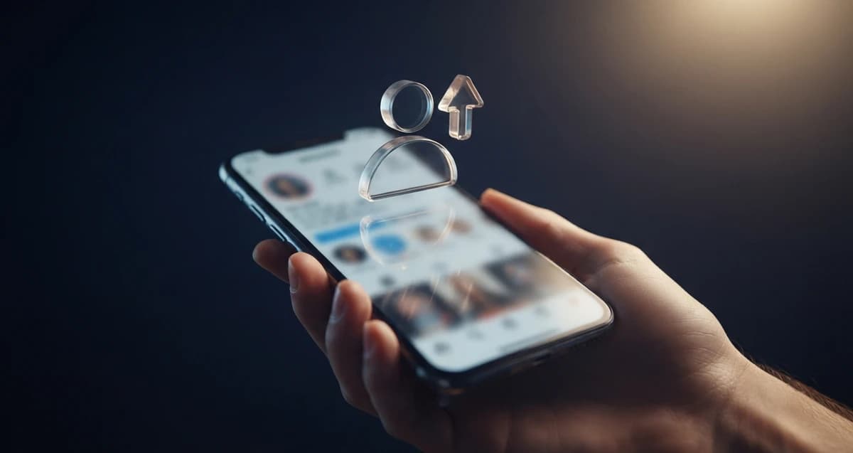Hand holding a smartphone with a glowing follower growth icon above the screen, representing buying Instagram followers