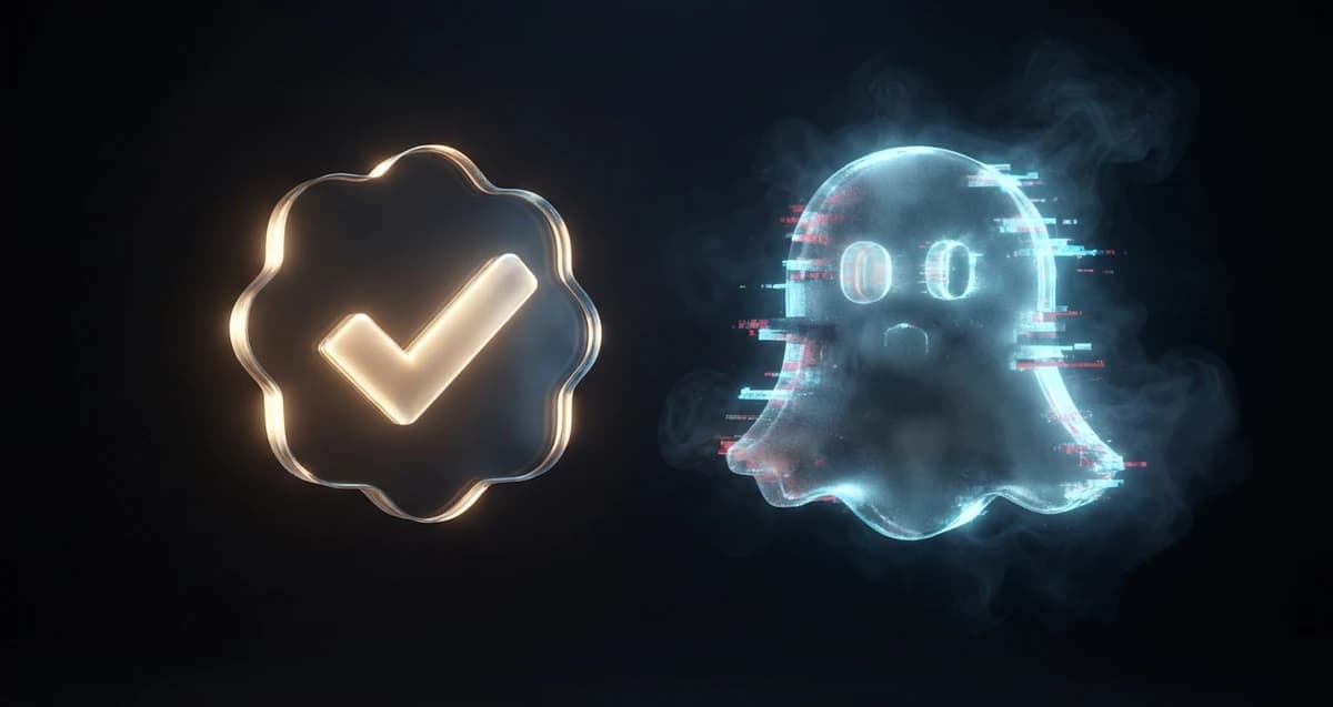 Glowing verified checkmark badge next to a glitching ghost icon on a dark background, representing real vs fake Instagram followers
