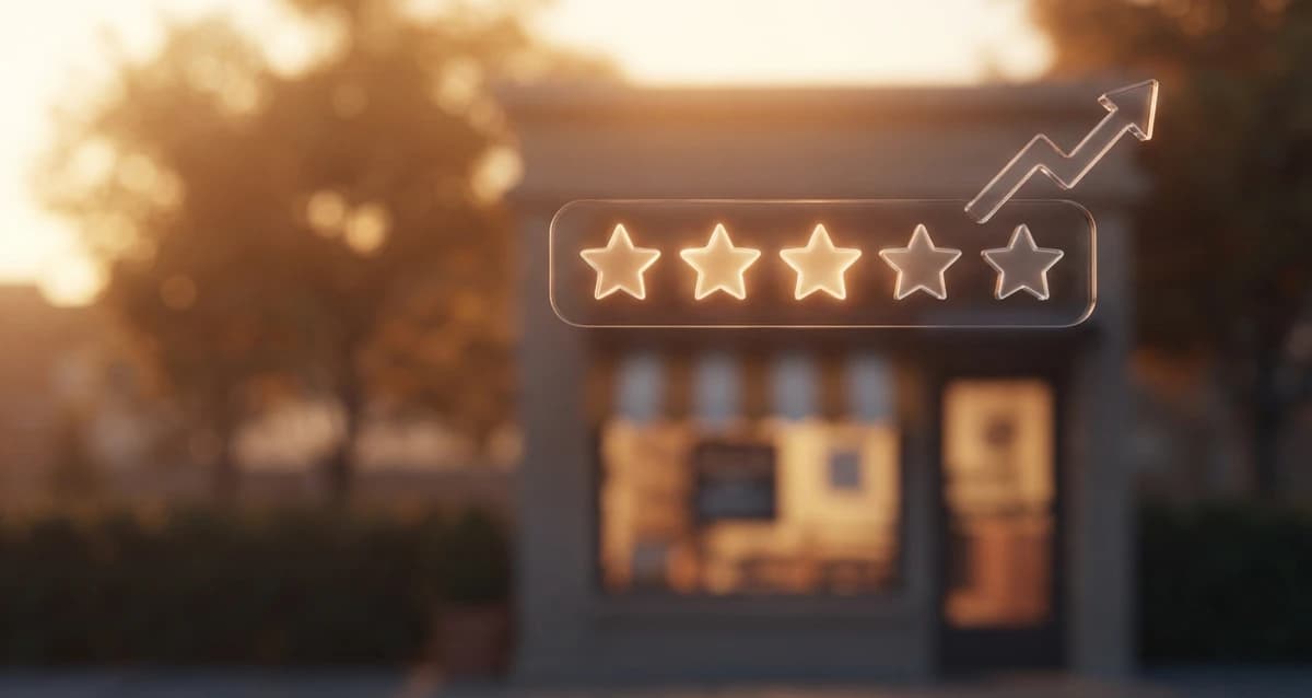 Five-star rating and rising trend arrow glowing over a small storefront at golden hour, representing social proof for small businesses