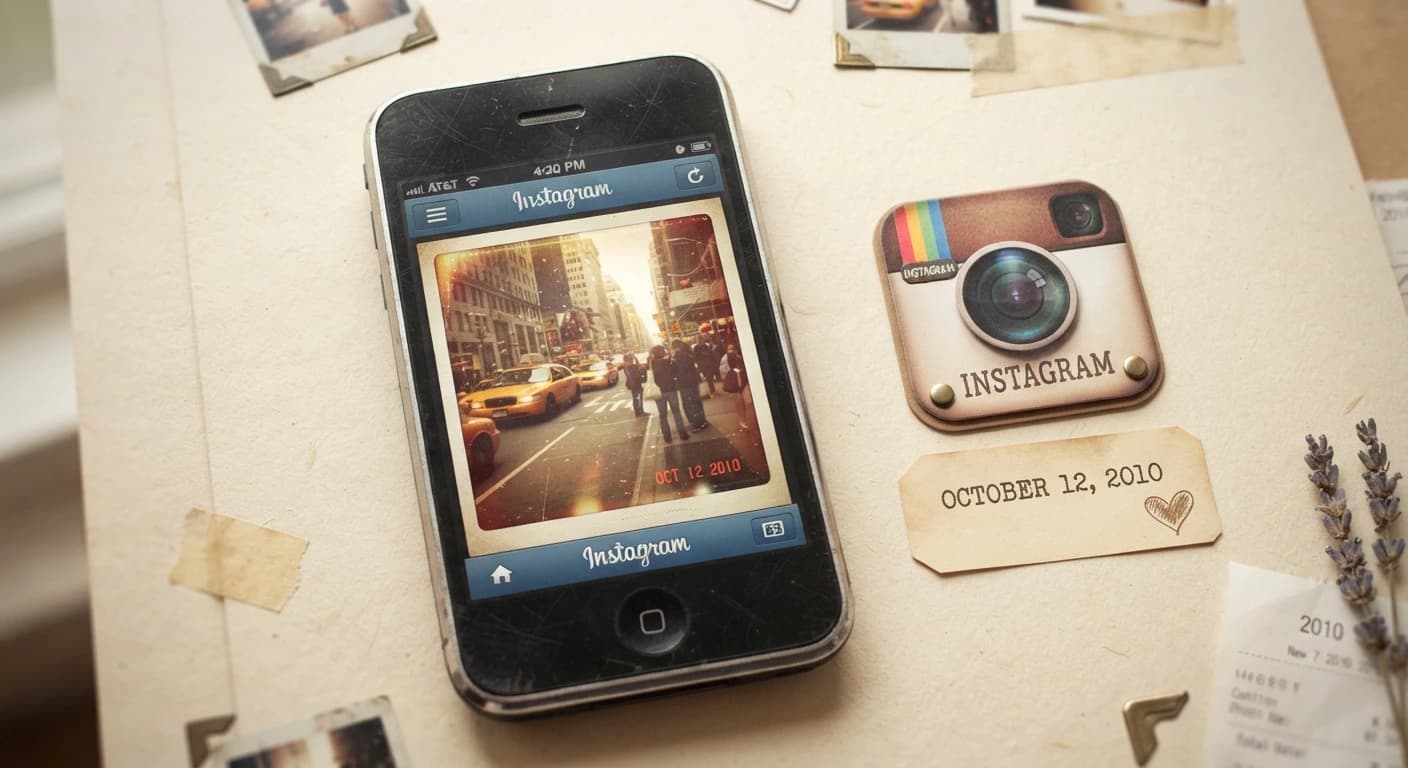 Vintage Instagram camera logo icon next to a 2010 launch date timeline, representing when Instagram was made