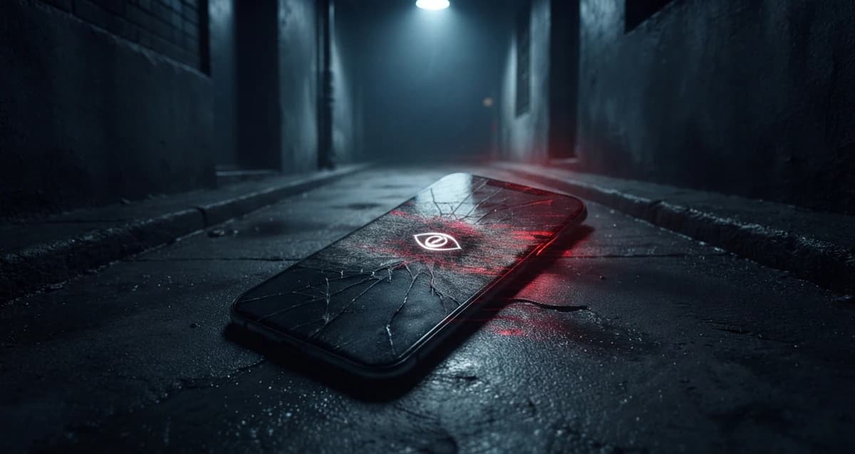 Cracked smartphone screen with a glowing warning symbol in a dark alley, representing a banned or shadowbanned Instagram account